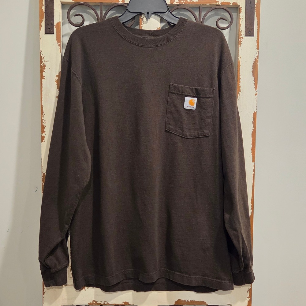 Carhartt K126 Mens DKB Brown Long Sleeve Pocket T-Shirt Original Fit Small S